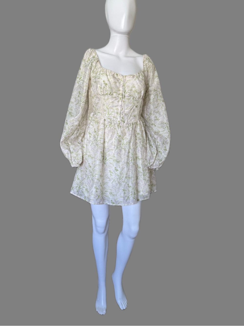 Lush Cream Mini Dress with Light Green Floral Print